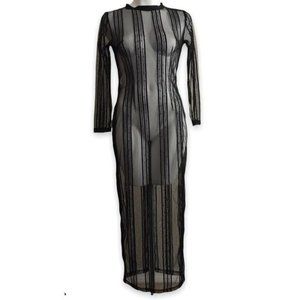 Black Sheer Mesh Sparkle Vertical Striped Maxi Dress | Gown